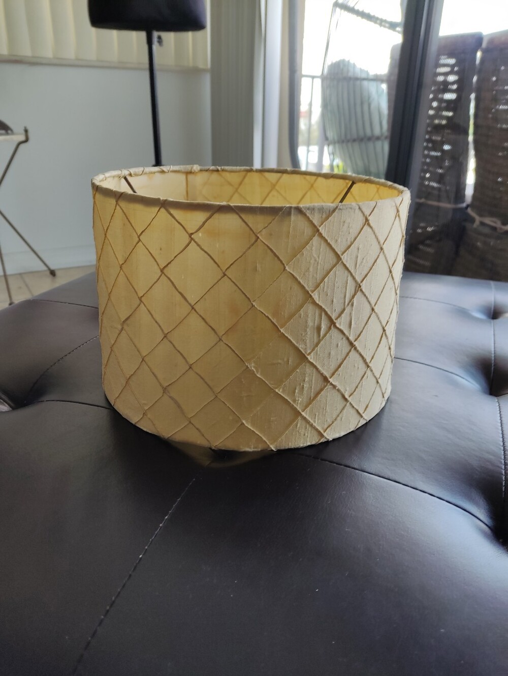 Vintage MCM Diamond Smocked Silk Drum Lampshade Cream Ivory Washer Fitter